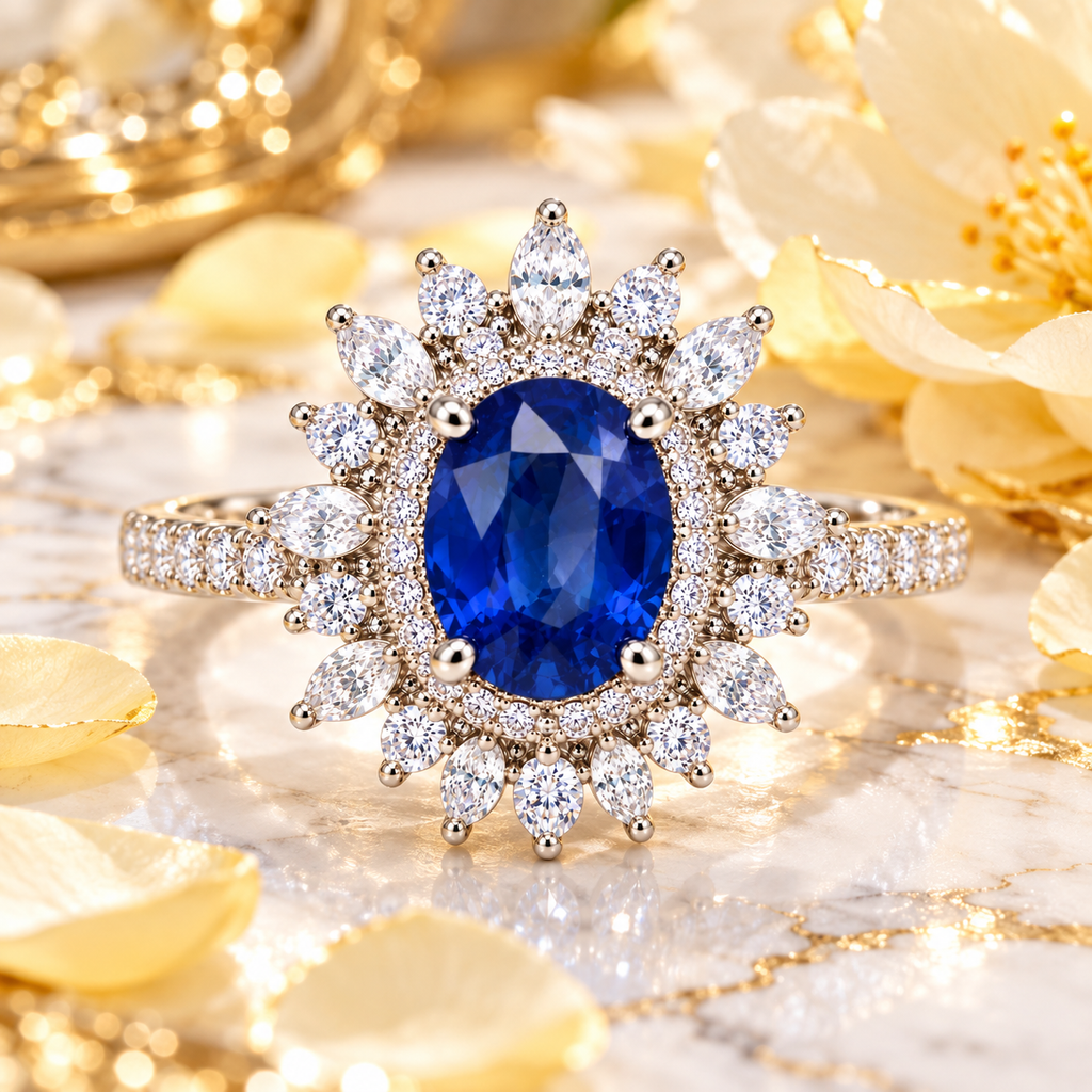 Natural 6×8mm blue sapphire ring shown at an angled view on white marble with pale yellow petals and rich golden undertones