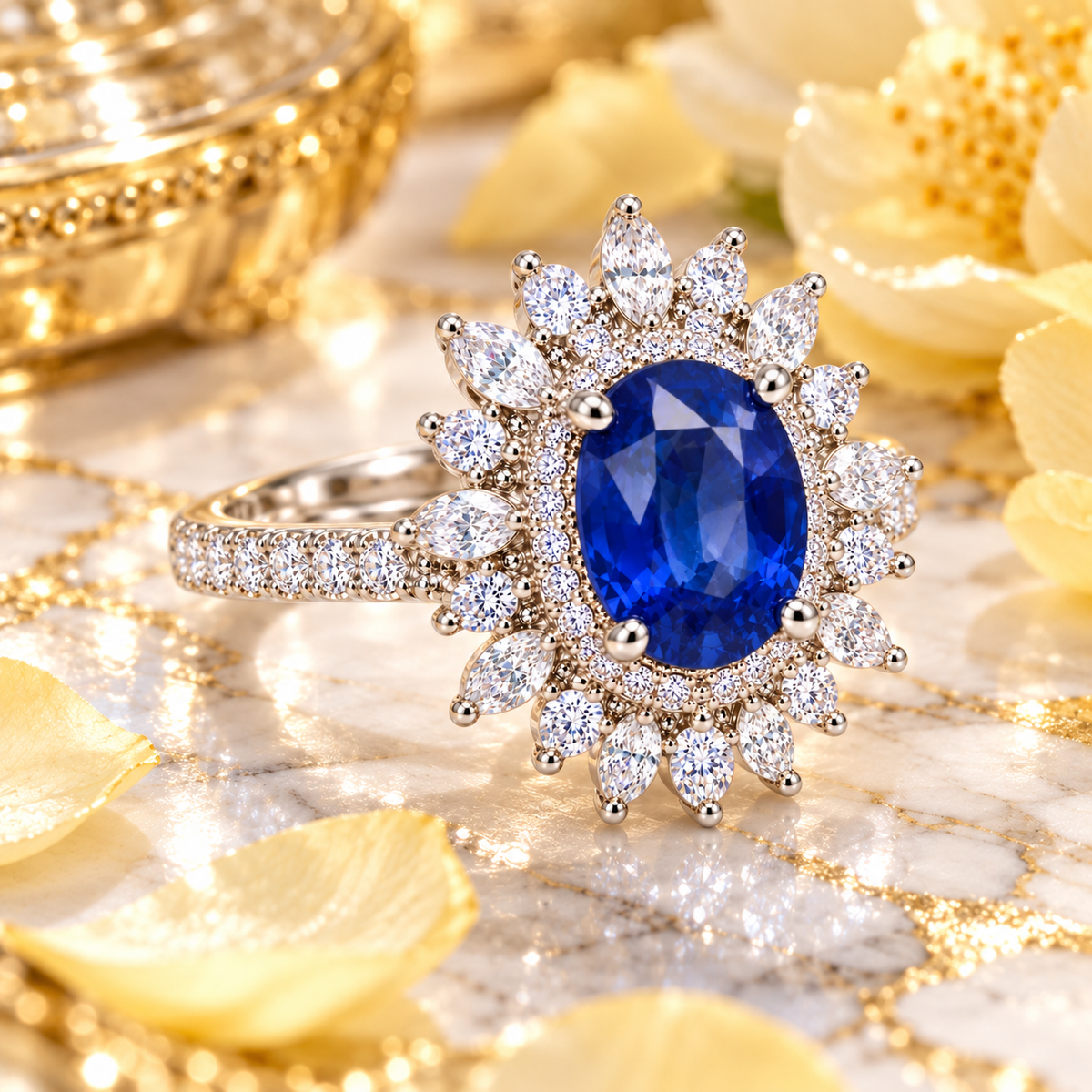 Natural 6×8mm blue sapphire ring shown at an angled view on white marble with pale yellow petals and rich golden undertones