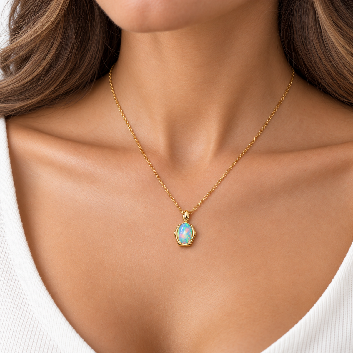 Natural 6x8mm Fire Opal Pendant on a Model
