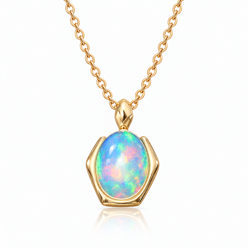 Natural 6x8mm oval fire opal pendant necklace in 925 sterling silver on a white background