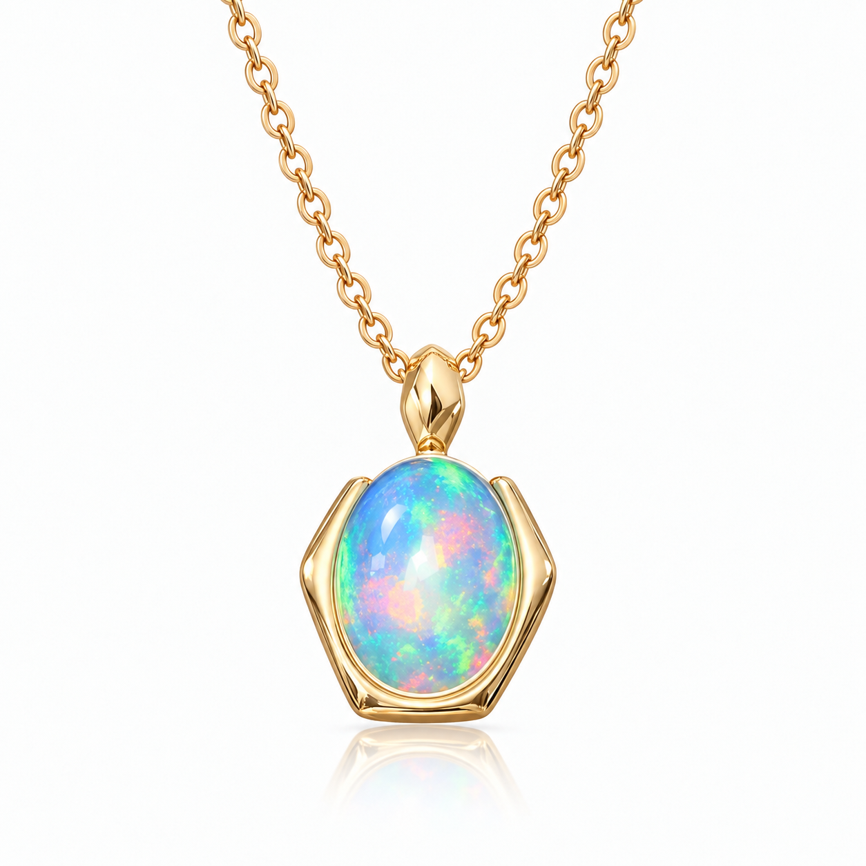 Natural 6x8mm oval fire opal pendant necklace in 925 sterling silver on a white background