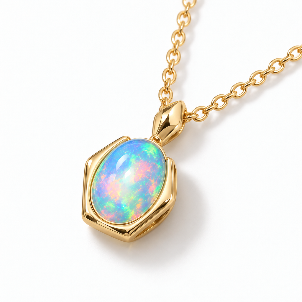 Angled view of natural 6x8mm oval fire opal pendant necklace showing the sculpted sterling silver setting
