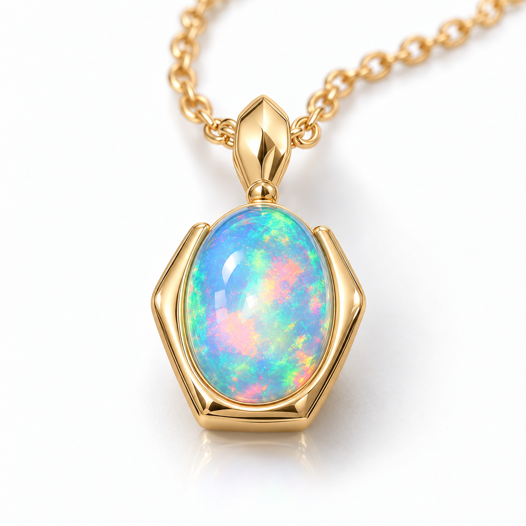 Top view of natural oval fire opal pendant with blue and multicolor play-of-color