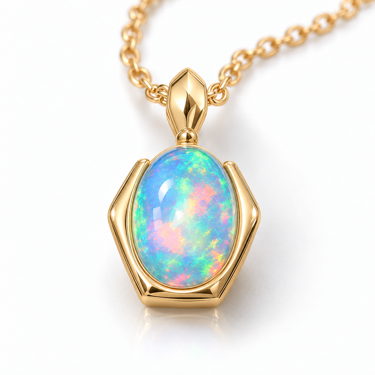 Top view of natural oval fire opal pendant with blue and multicolor play-of-color