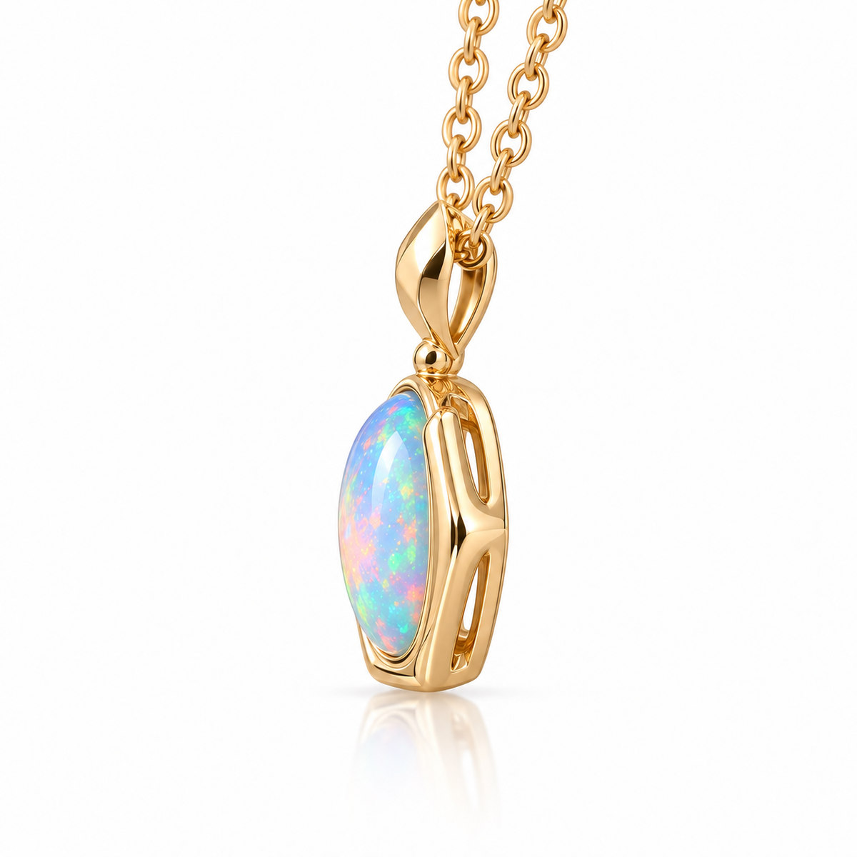 Side view of 6x8mm oval natural fire opal pendant showing the dimensional gemstone setting