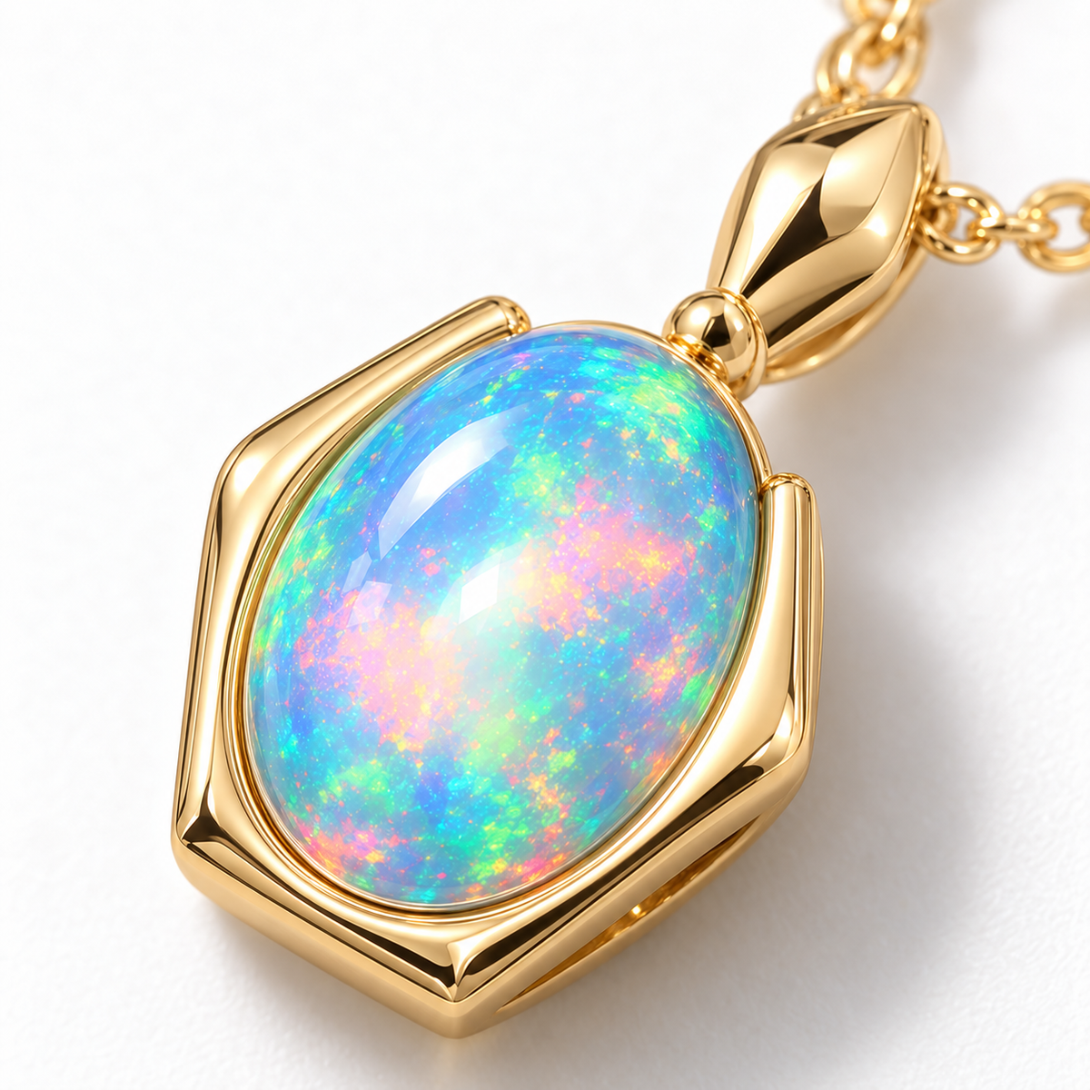 Macro close-up of natural 6x8mm oval fire opal showing blue, green, pink, red, orange, and violet play-of-color