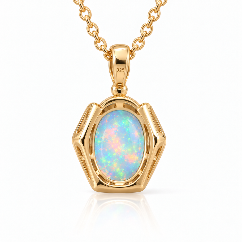Detailed underside view of natural 6x8mm oval fire opal pendant showing the sterling silver pendant construction