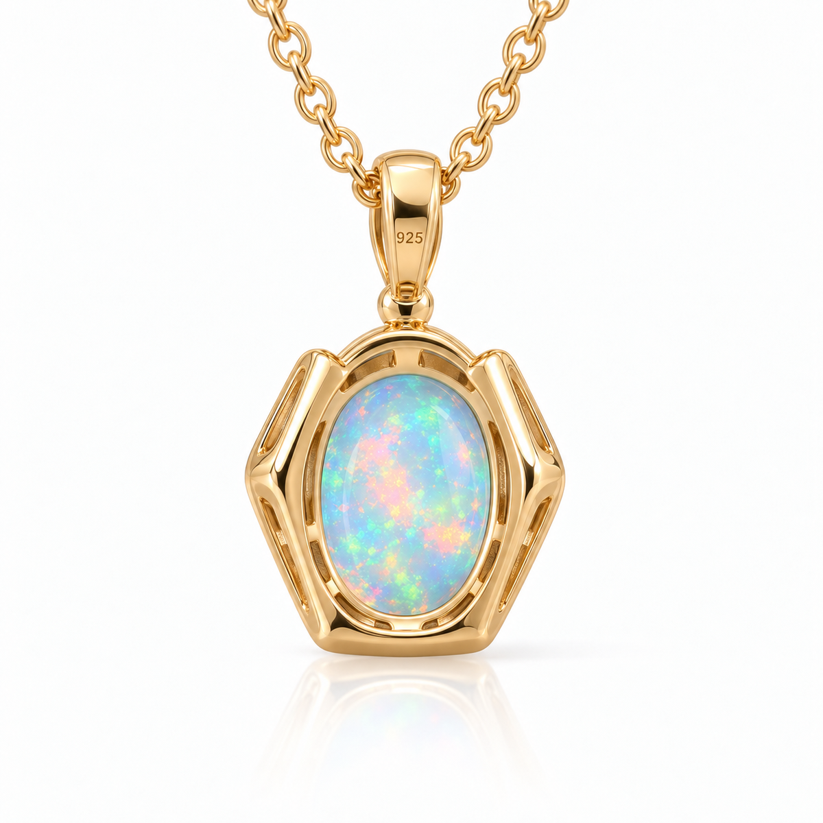 Detailed underside view of natural 6x8mm oval fire opal pendant showing the sterling silver pendant construction