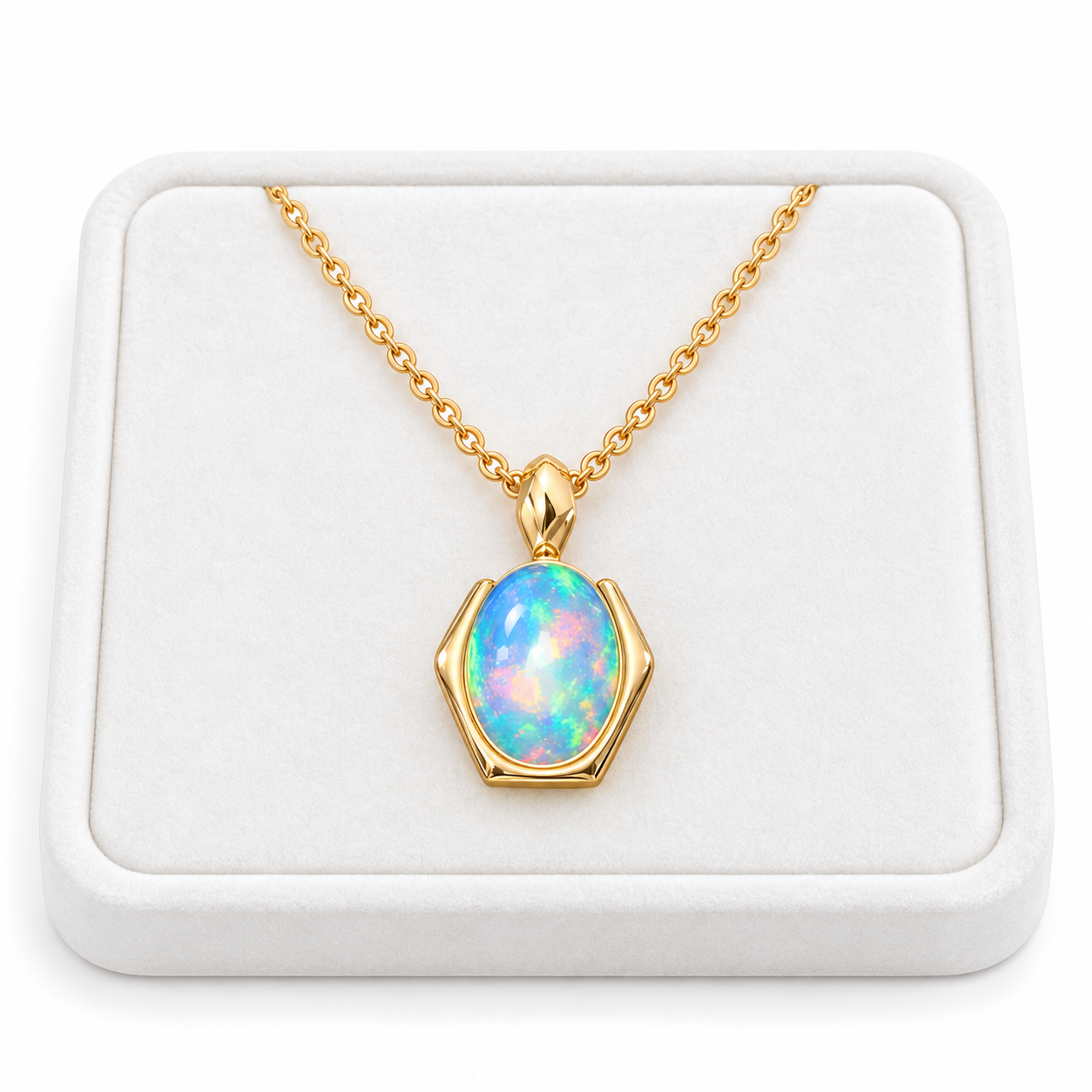 Natural 6x8mm oval fire opal pendant necklace displayed on a white velvet jewelry tray