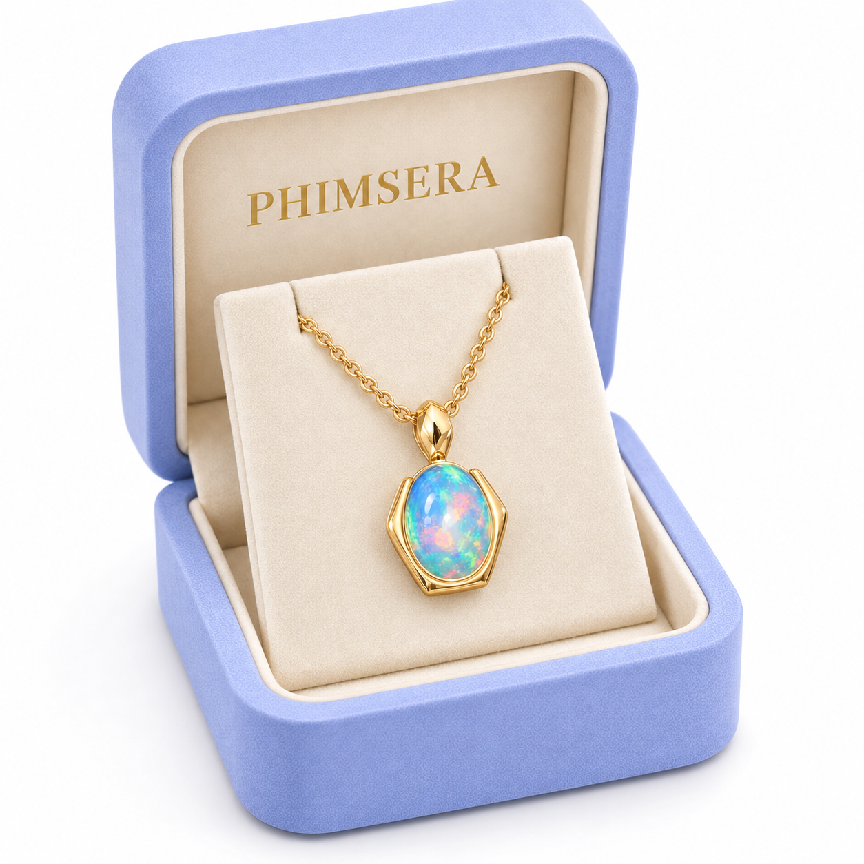Natural 6x8mm fire opal pendant necklace presented in a Phimsera jewelry gift box