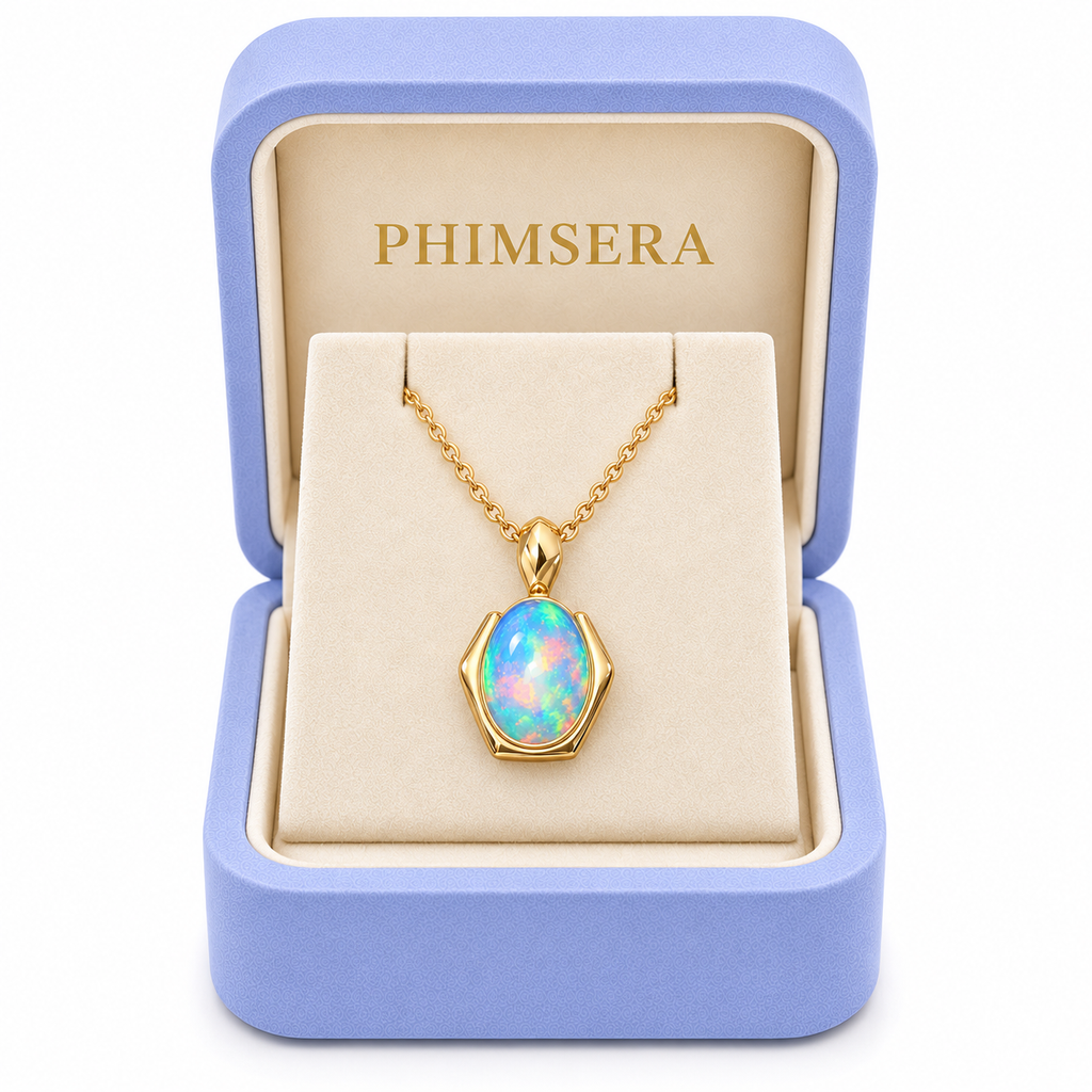 Natural 6x8mm fire opal pendant necklace presented in a Phimsera jewelry gift box