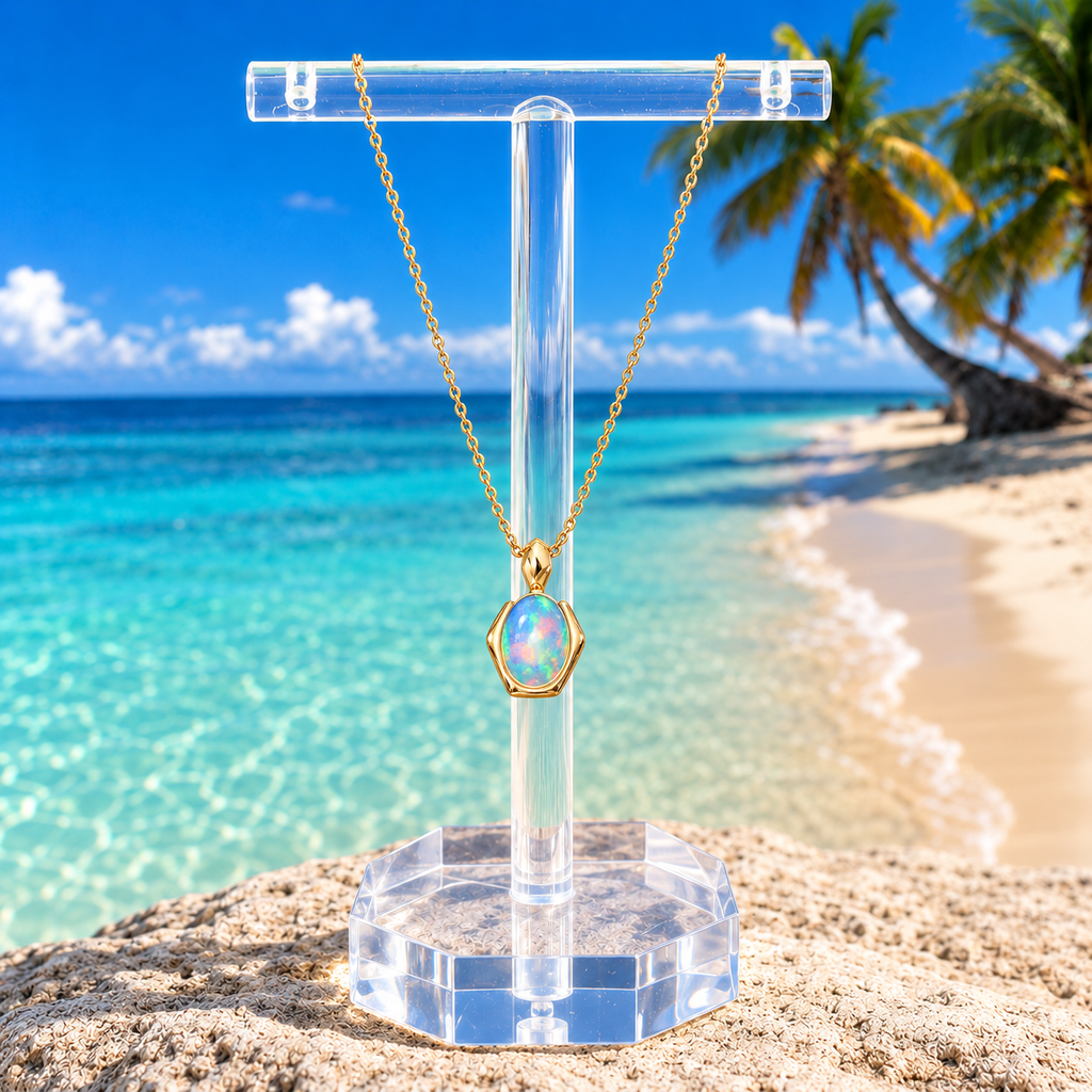 Natural 6x8mm oval fire opal pendant necklace displayed in a tropical beach-inspired jewelry setting