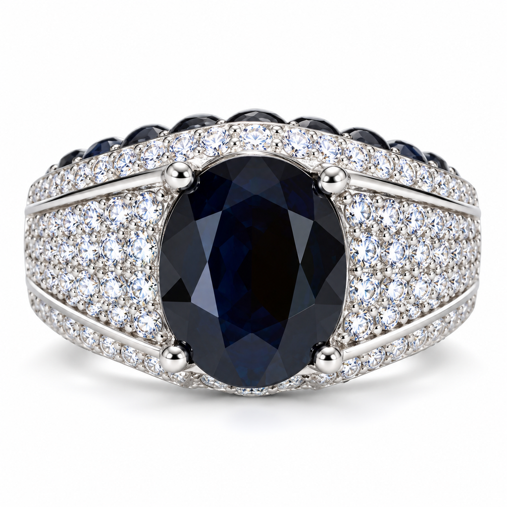 Natural 8×10mm oval black sapphire men's ring in 925 Sterling Silver on a white background