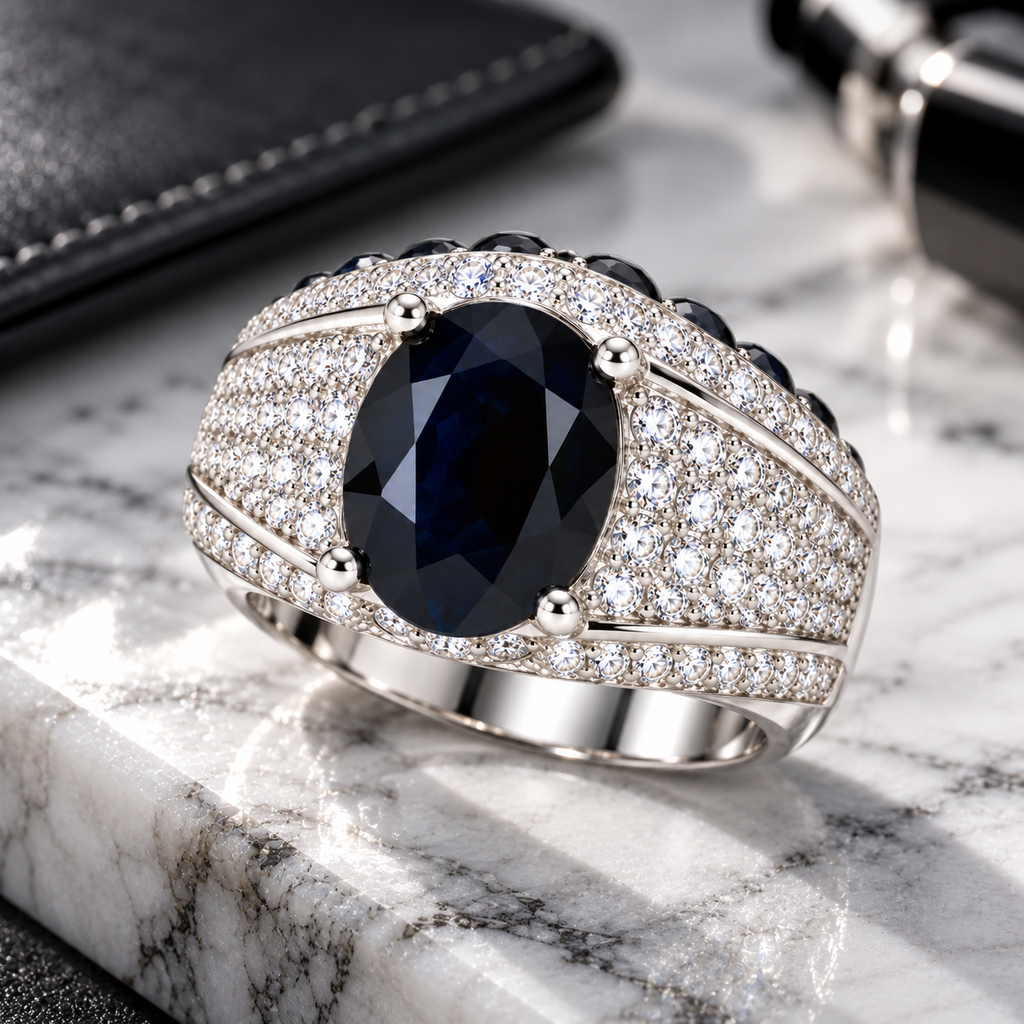 Natural 8×10mm oval black sapphire men's ring styled in an elegant lifestyle setting