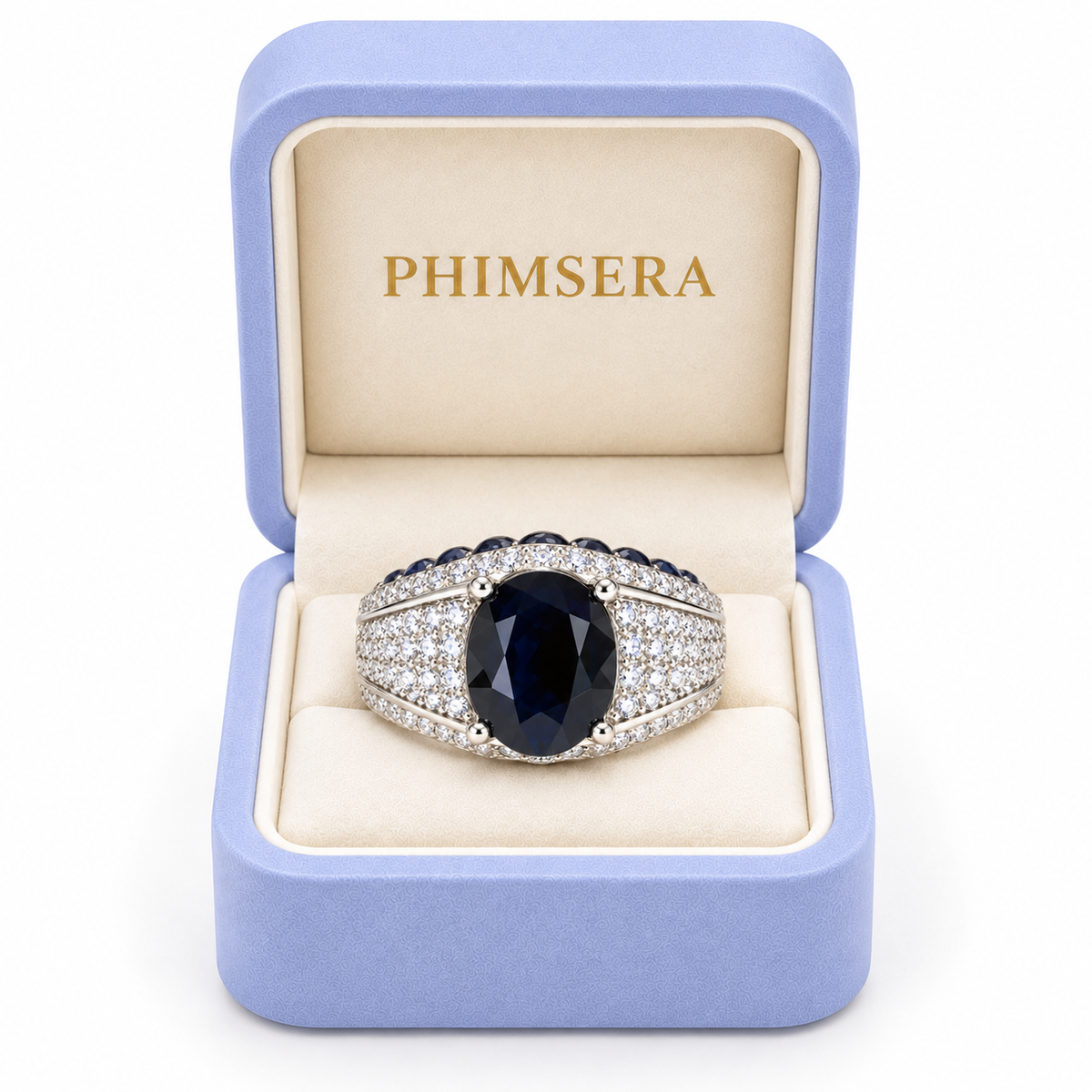 Natural 8×10mm oval black sapphire men's ring in 925 Sterling Silver on a white background in Phimsera Box.