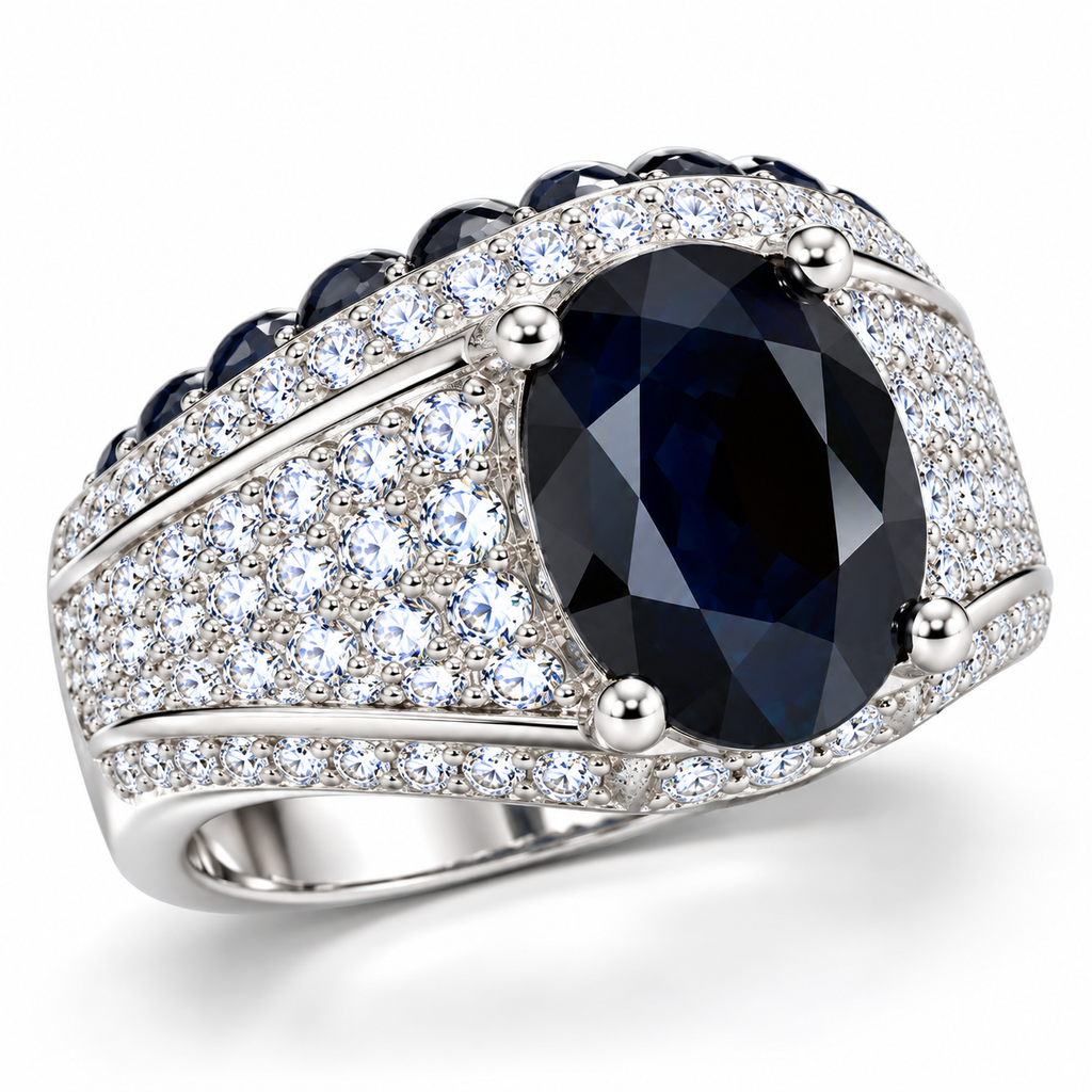 Angled view of a natural 8×10mm black sapphire men's ring with detailed Sterling Silver setting