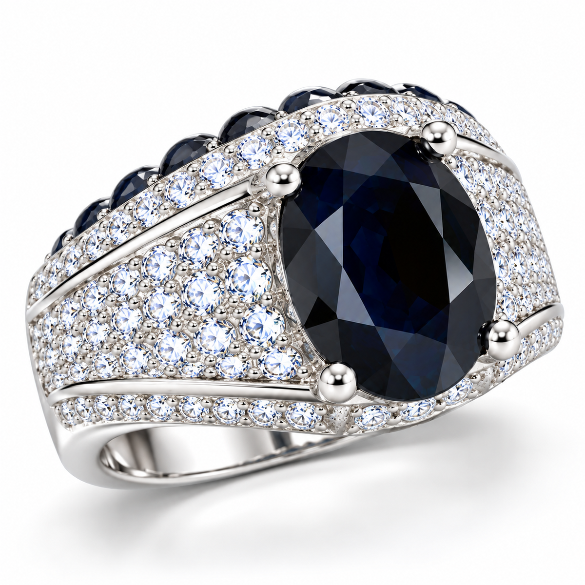 Angled view of a natural 8×10mm black sapphire men's ring with detailed Sterling Silver setting