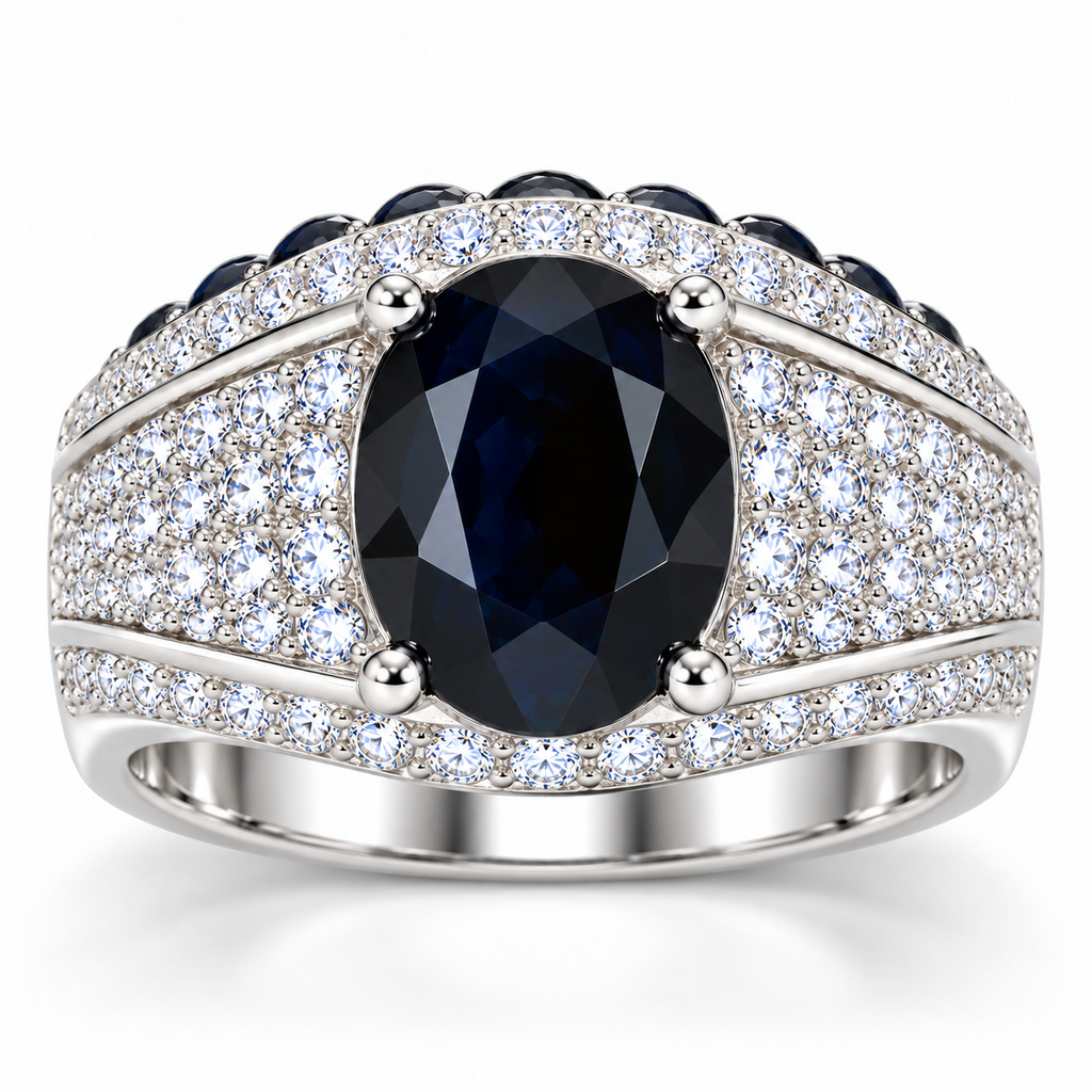 Top-down view of a natural 8×10mm oval black sapphire men's ring with surrounding clear accent stones
