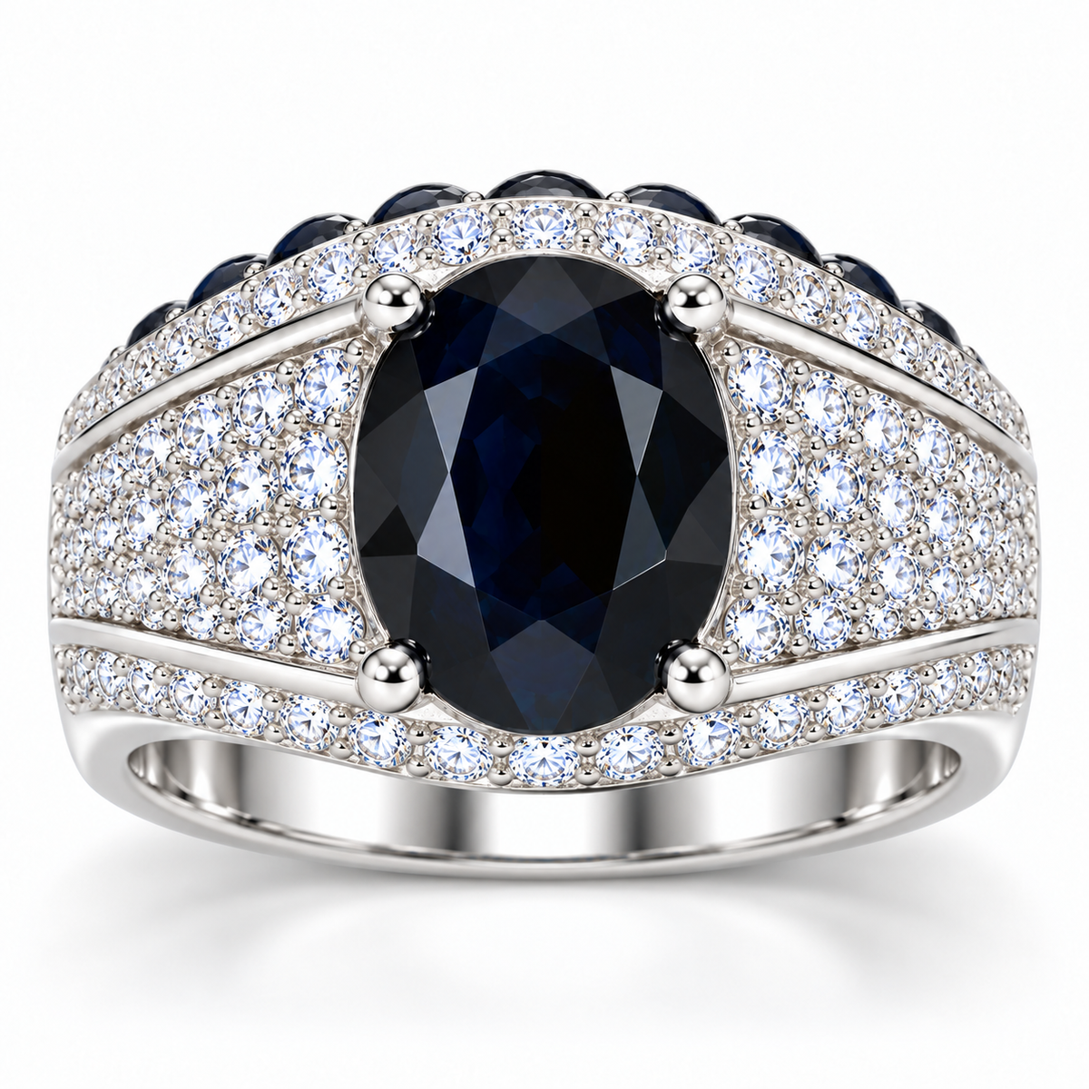 Top-down view of a natural 8×10mm oval black sapphire men's ring with surrounding clear accent stones