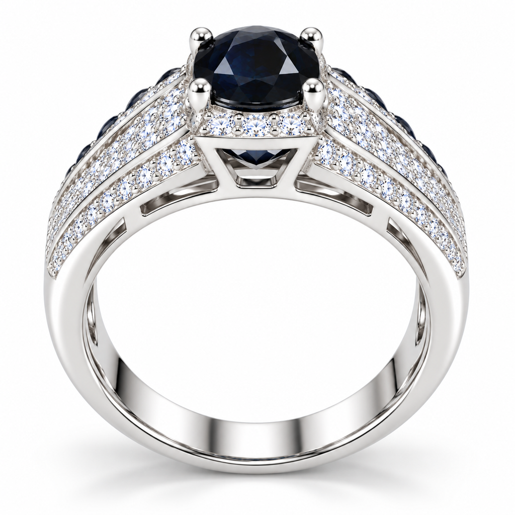 Side profile of a natural 8×10mm black sapphire men's ring showing the raised gemstone setting and Sterling Silver band