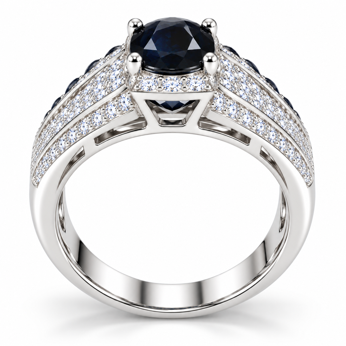 Side profile of a natural 8×10mm black sapphire men's ring showing the raised gemstone setting and Sterling Silver band