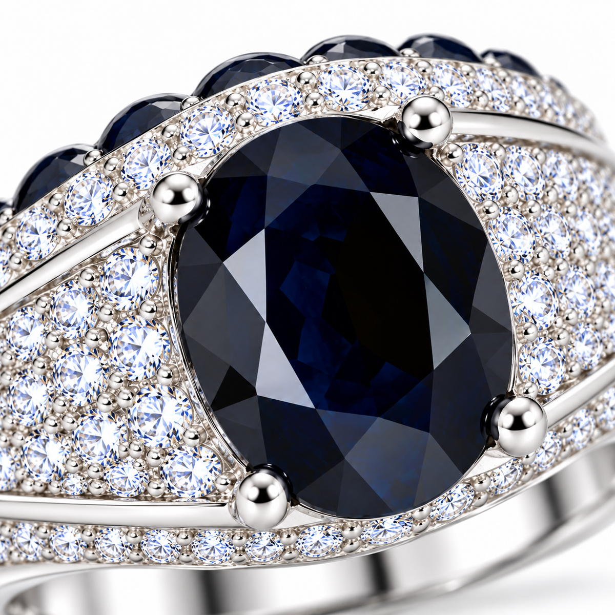Macro close-up of a natural 8×10mm oval black sapphire men's ring showing the faceted gemstone and detailed setting
