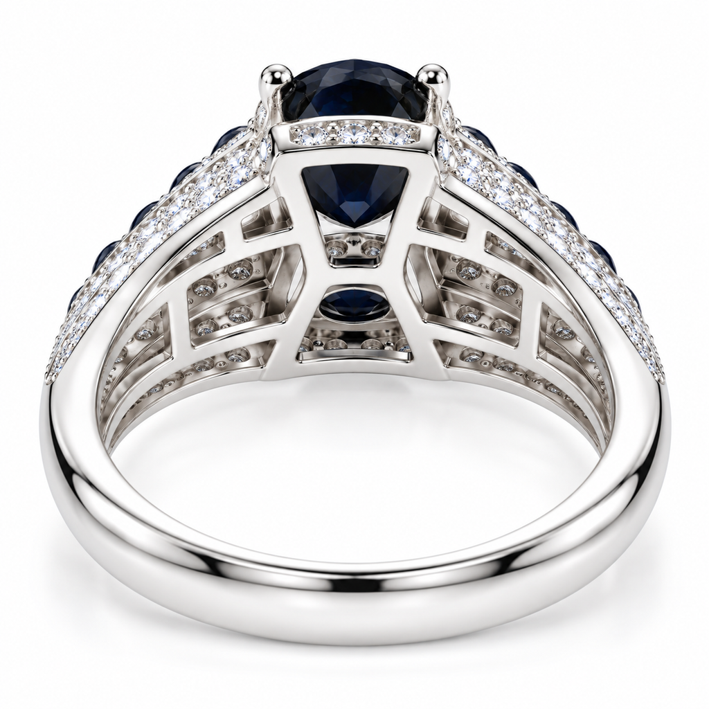 Detailed underside view of a natural 8×10mm black sapphire men's ring showing the gemstone setting and 925 Sterling Silver construction
