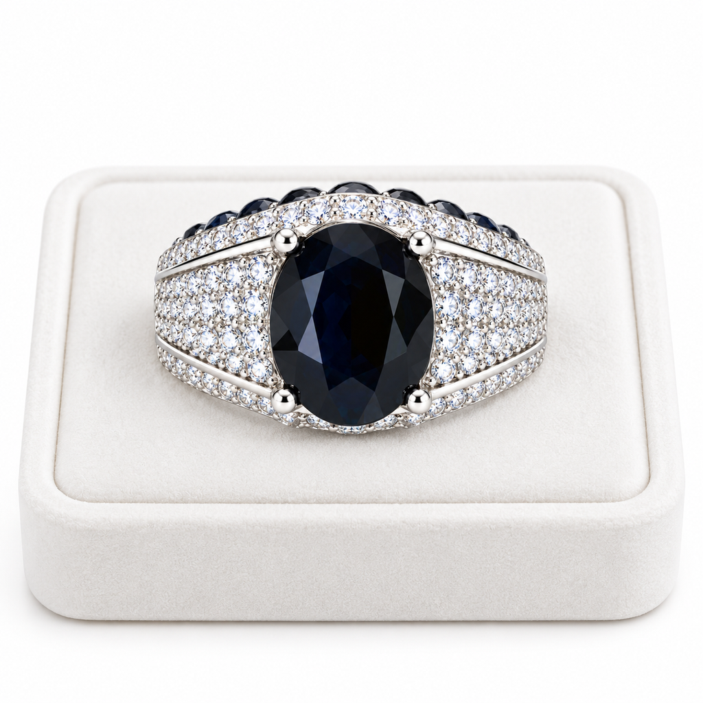 Natural 8×10mm black sapphire men's ring displayed on a white velvet jewelry tray