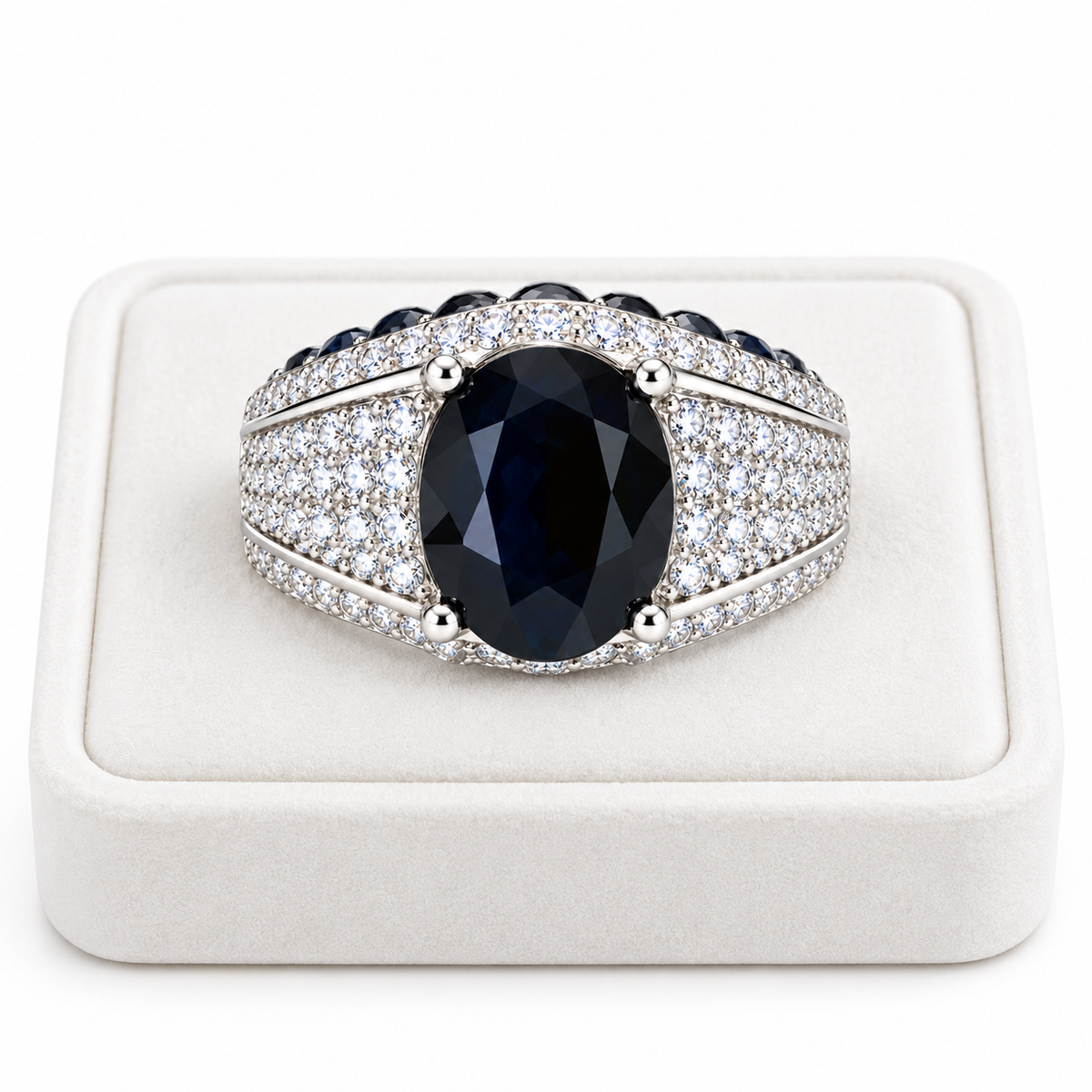 Natural 8×10mm black sapphire men's ring displayed on a white velvet jewelry tray