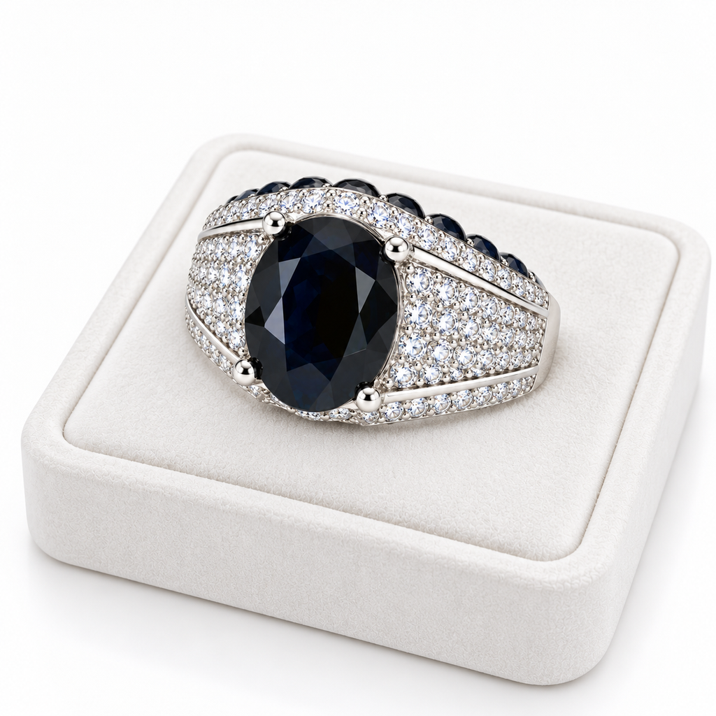 Natural 8×10mm black sapphire men's ring displayed on a white velvet jewelry tray
