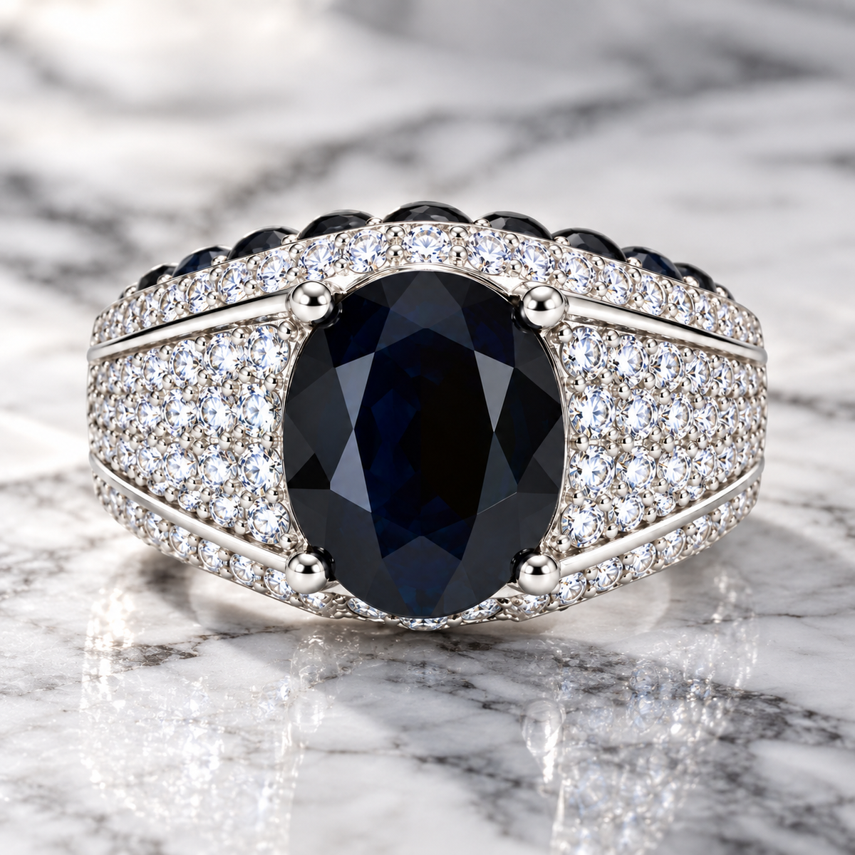 Natural 8×10mm oval black sapphire men's ring styled in an elegant lifestyle setting