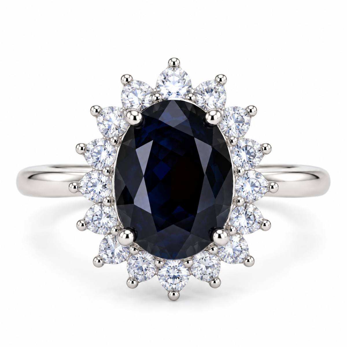 Natural 8×10mm oval black sapphire ring in 925 Sterling Silver with floral halo setting on a white background