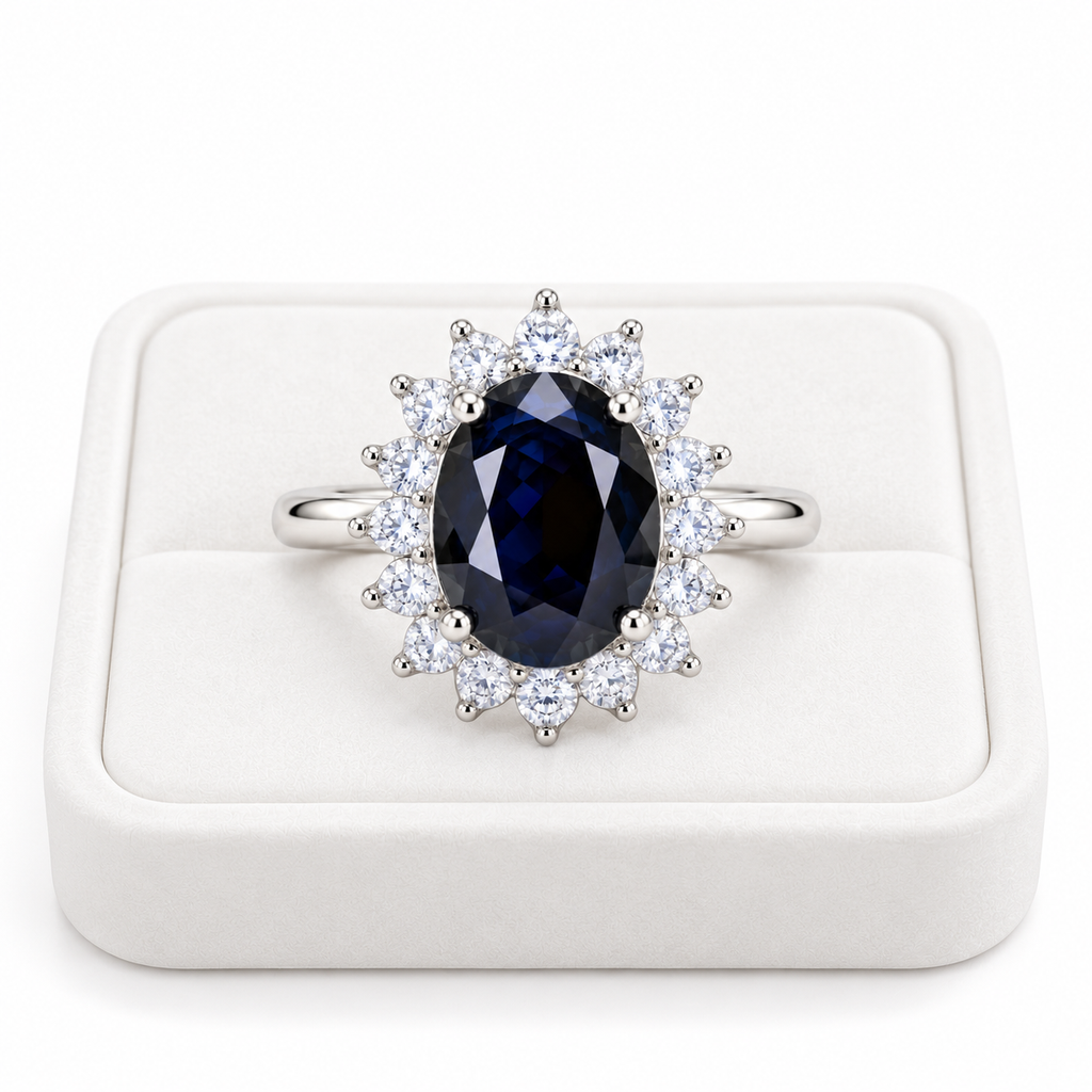 Natural 8×10mm black sapphire ring displayed on a white velvet jewelry tray