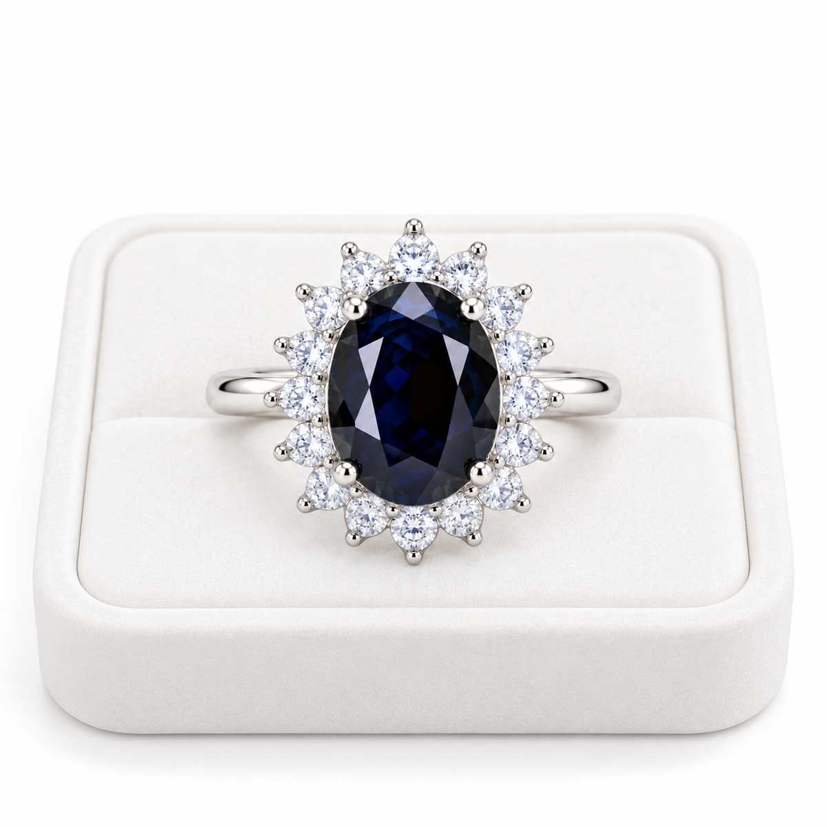 Natural 8×10mm black sapphire ring displayed on a white velvet jewelry tray