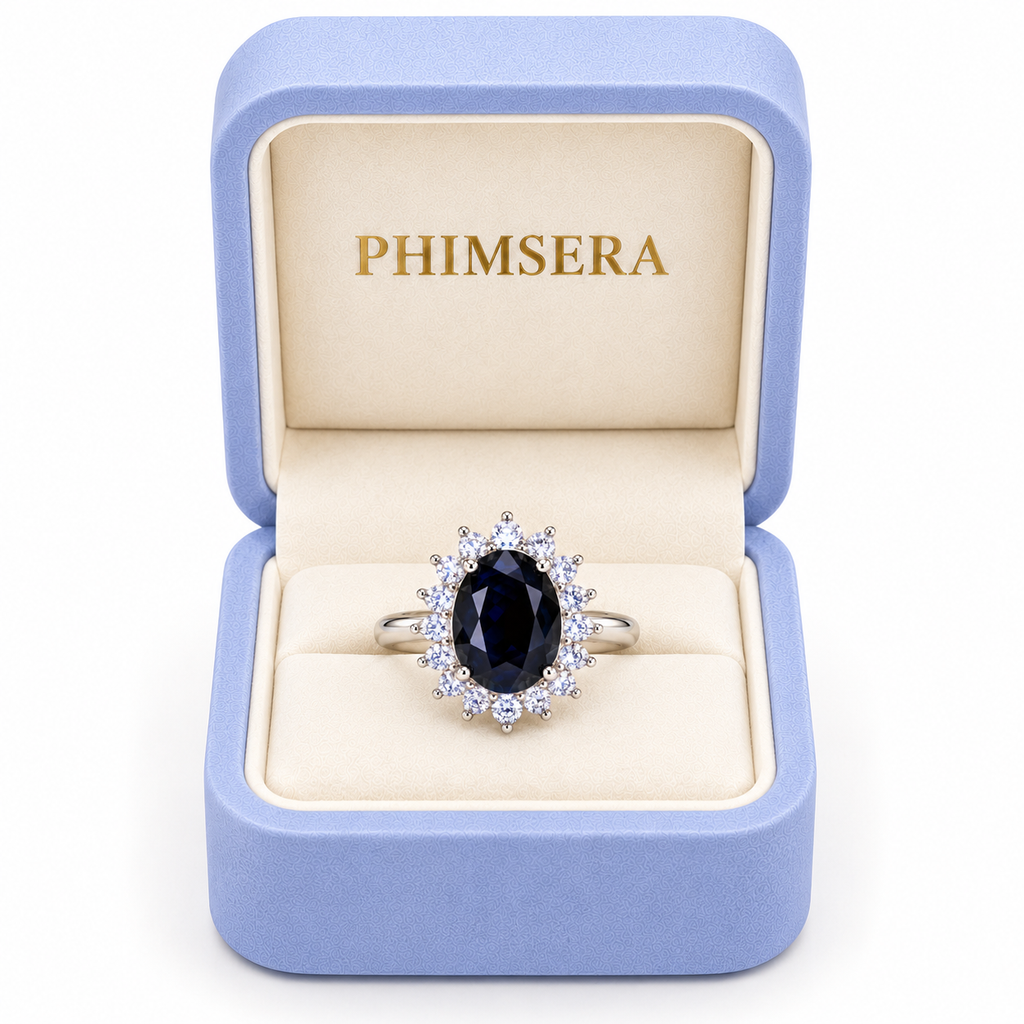 Natural 8×10mm black sapphire ring presented inside a Phimsera jewelry gift box