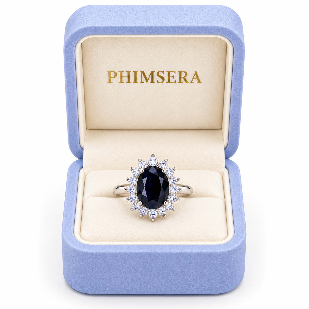 Natural 8×10mm black sapphire ring presented inside a Phimsera jewelry gift box