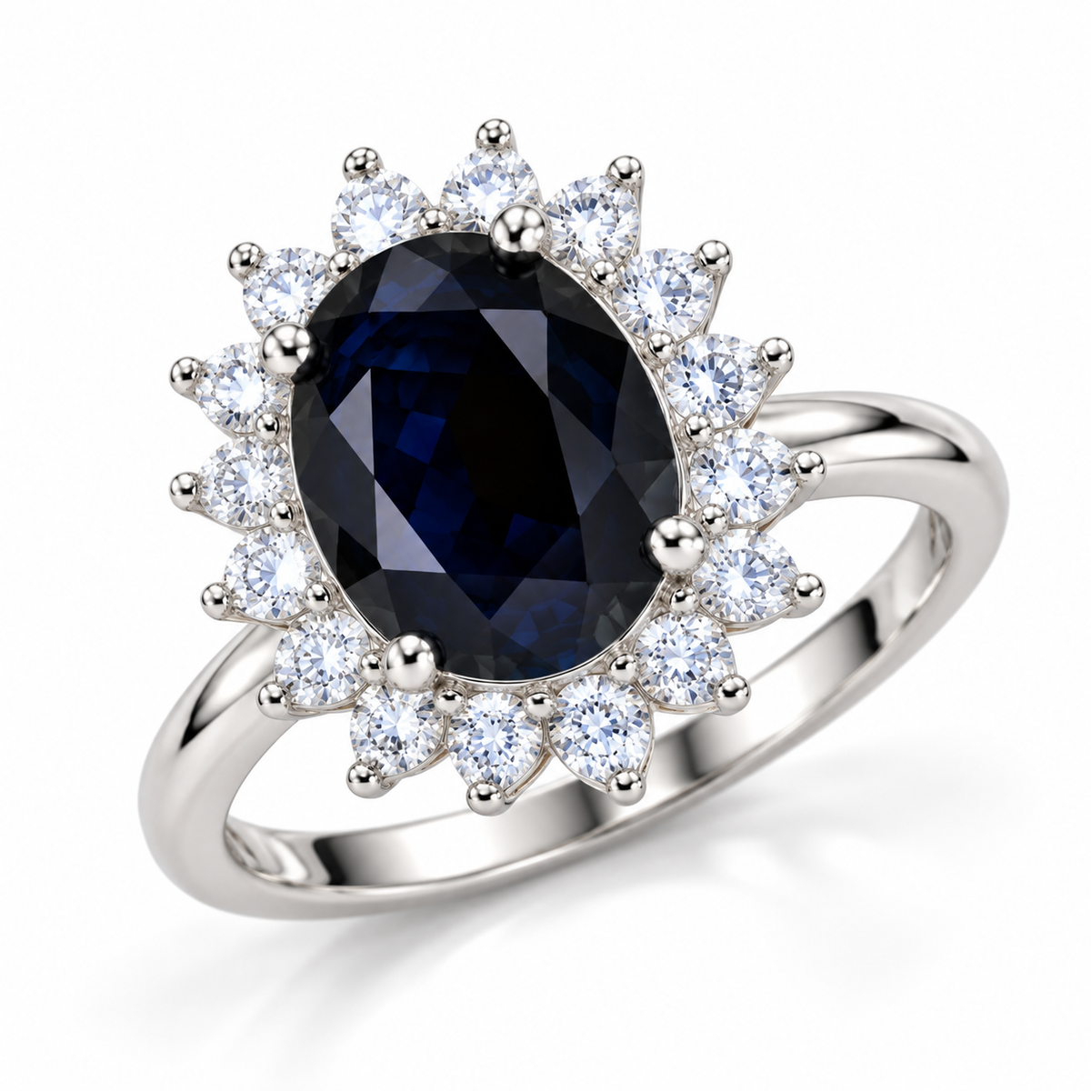 Angled view of a natural 8×10mm black sapphire ring with detailed floral halo and 925 Sterling Silver setting