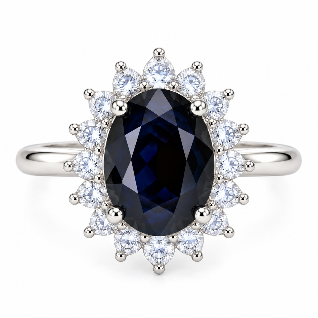 Top-down view of a natural 8×10mm oval black sapphire ring with surrounding floral halo and clear accent stones