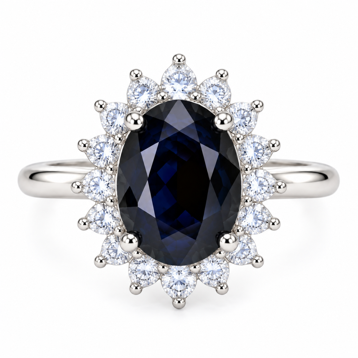 Top-down view of a natural 8×10mm oval black sapphire ring with surrounding floral halo and clear accent stones