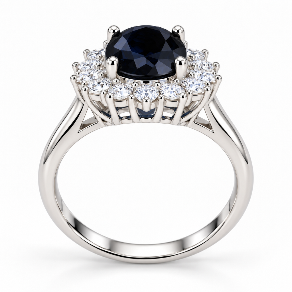 Side profile of a natural 8×10mm black sapphire ring showing the raised gemstone setting and Sterling Silver band