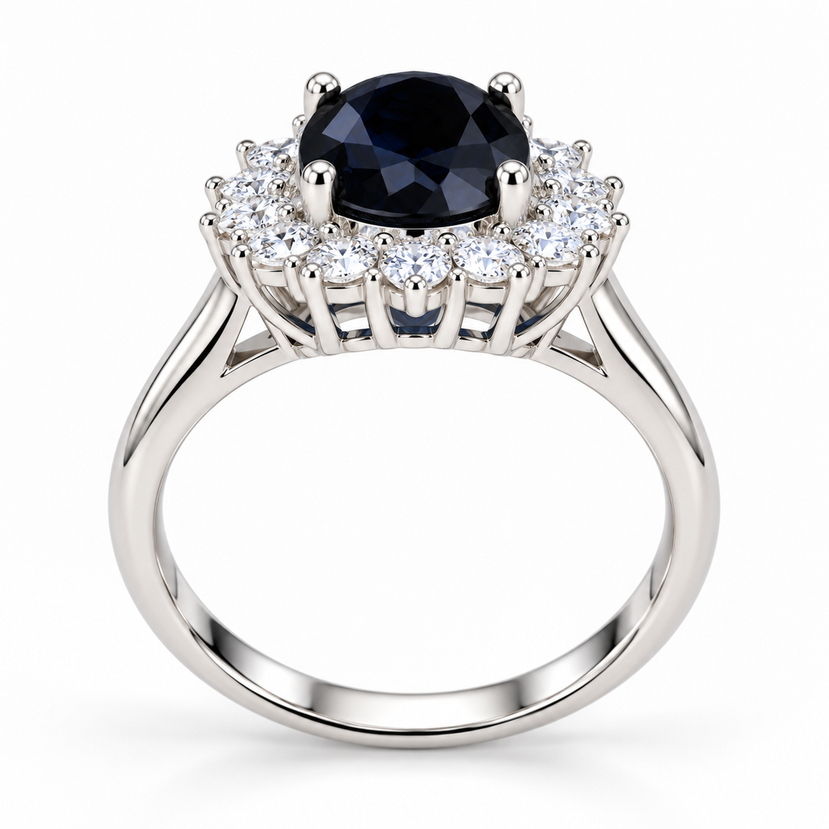 Side profile of a natural 8×10mm black sapphire ring showing the raised gemstone setting and Sterling Silver band