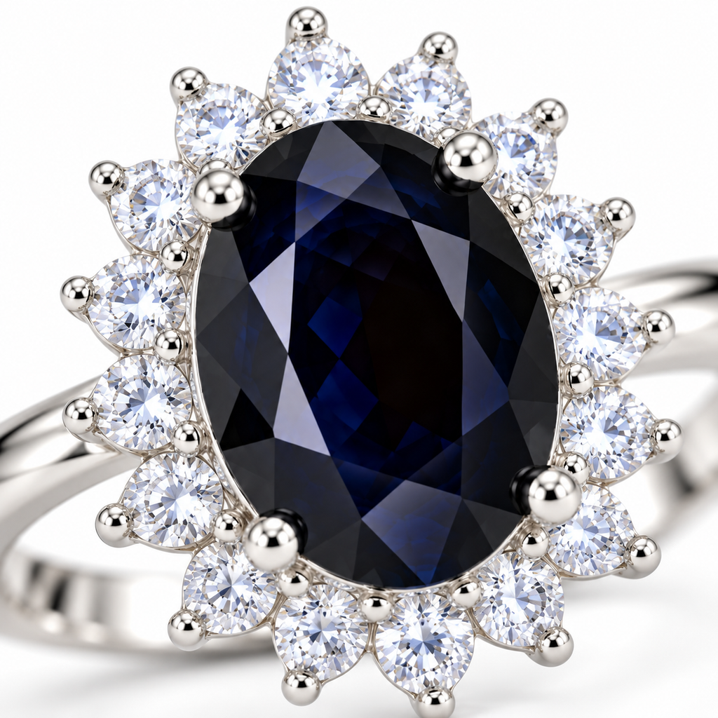 Macro close-up of a natural 8×10mm black sapphire ring showing the faceted gemstone, prongs, and floral halo accents