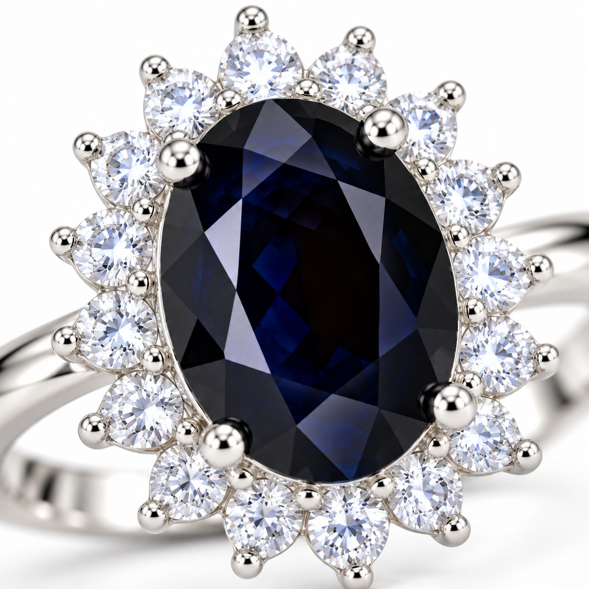 Macro close-up of a natural 8×10mm black sapphire ring showing the faceted gemstone, prongs, and floral halo accents
