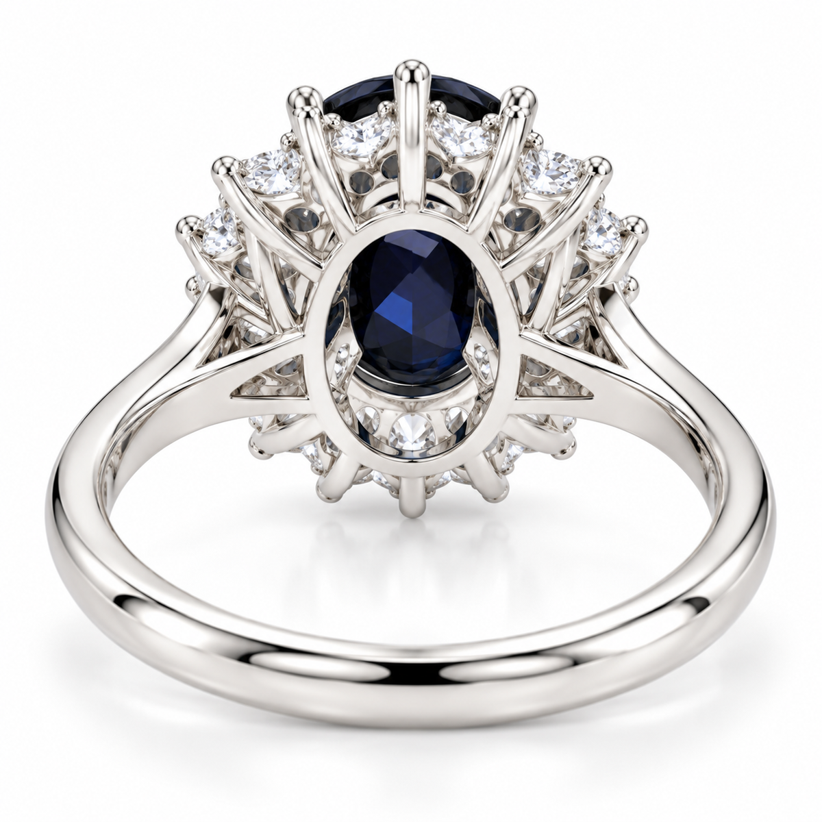 Underside view of a natural 8×10mm black sapphire ring showing the gemstone pavilion, setting, and Sterling Silver band