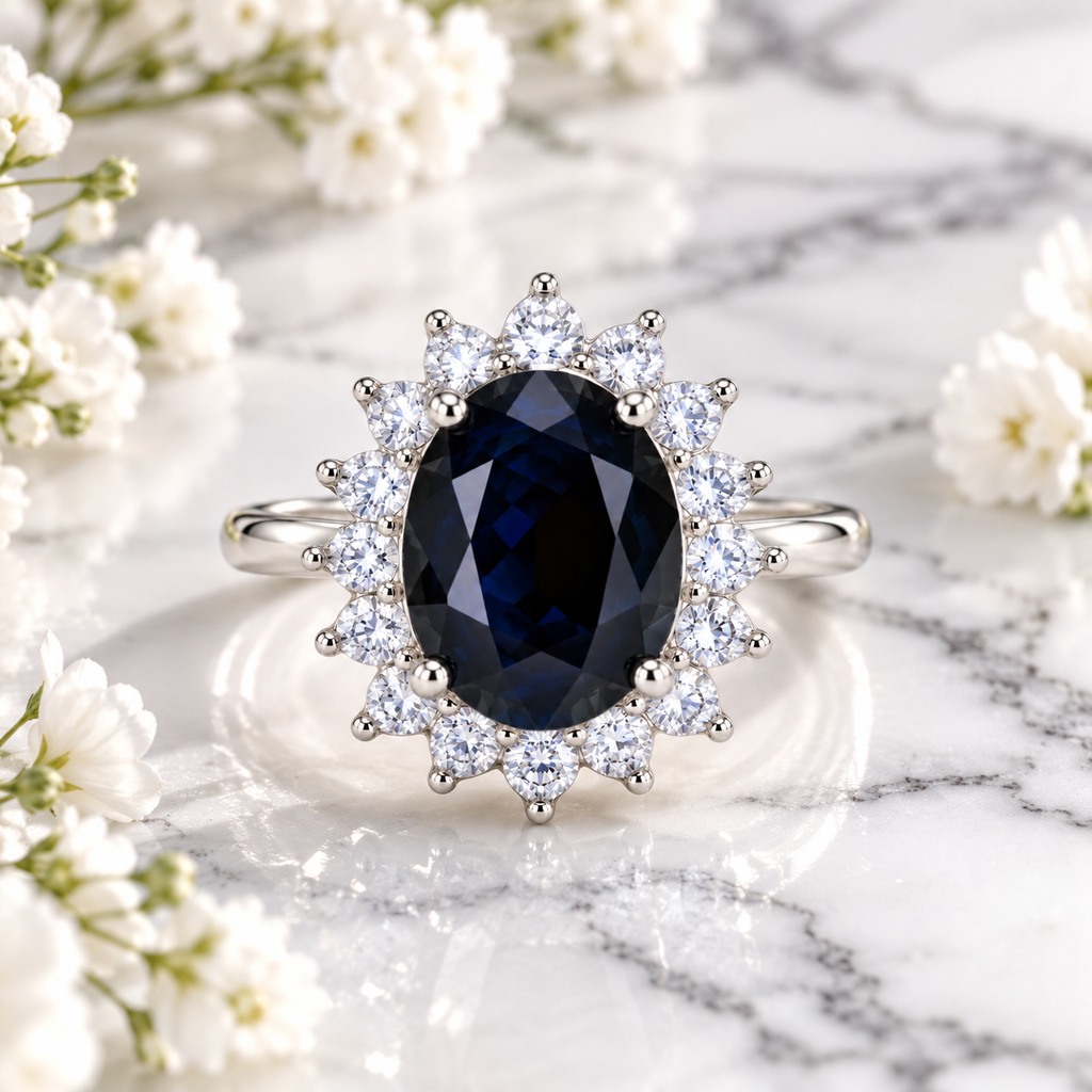 Natural 8×10mm black sapphire ring displayed in an elegant lifestyle setting