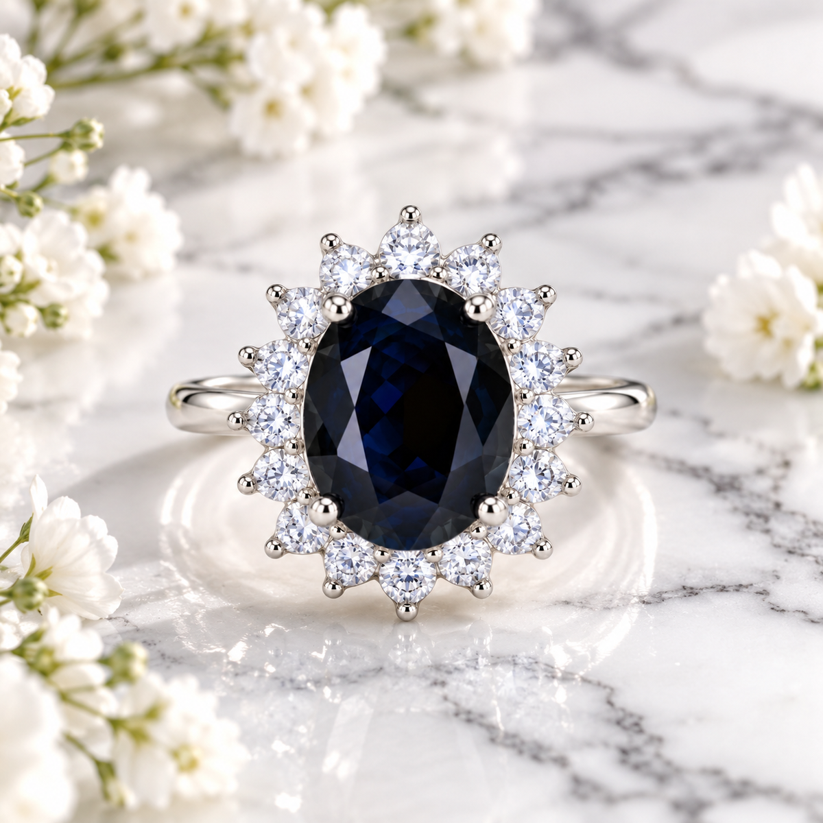Natural 8×10mm black sapphire ring displayed in an elegant lifestyle setting