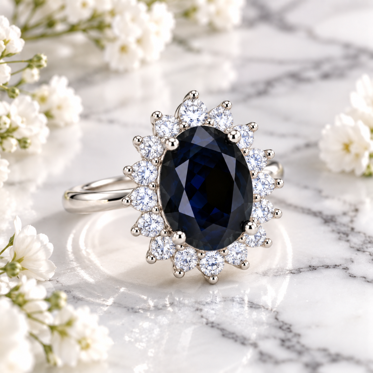 Natural 8×10mm black sapphire ring displayed in an elegant lifestyle setting