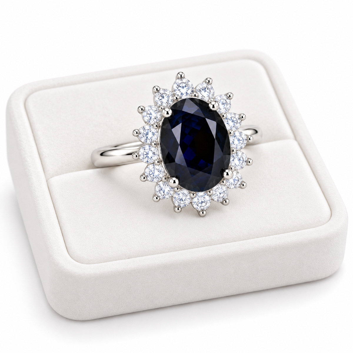 Natural 8×10mm black sapphire ring displayed on a white velvet jewelry tray
