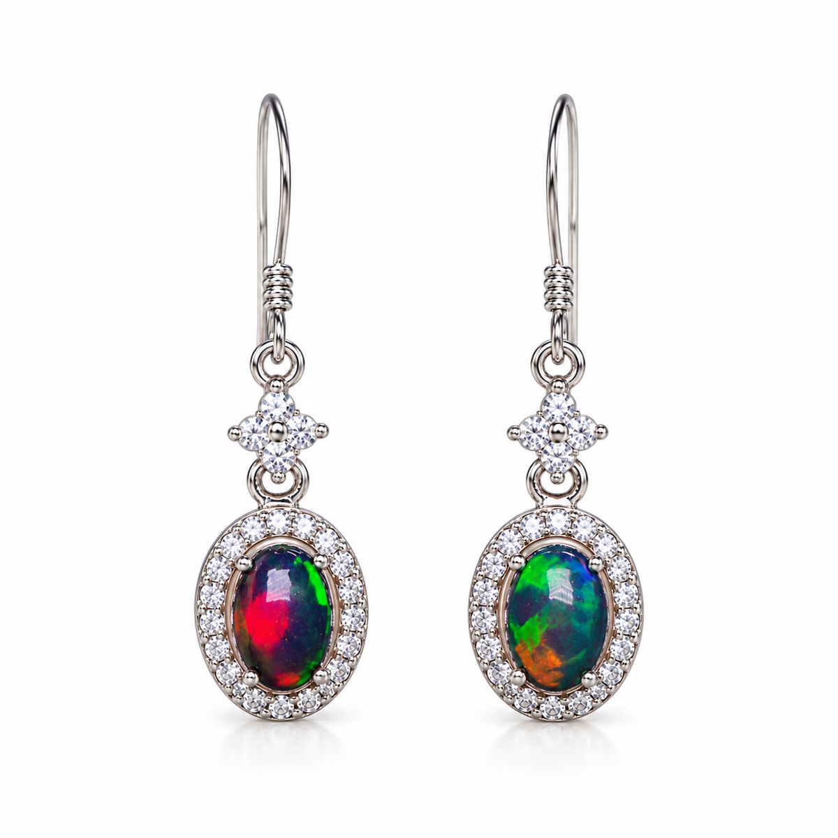 Natural Australian opal earrings with 5x7mm colorful fire opal gemstones in 925 Sterling Silver