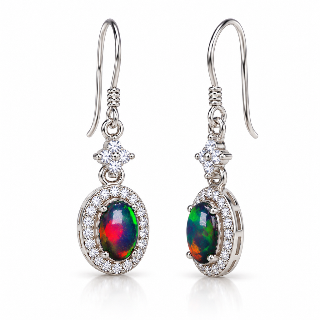Side profile of 5x7mm natural Australian opal drop earrings showing the 925 Sterling Silver settings